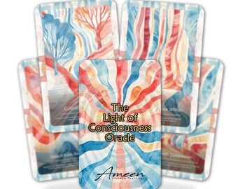 May include: A deck of oracle cards titled "The Light of Consciousness Oracle" with a watercolor design. The cards feature a central design of radiating lines in red, orange, and blue. The deck includes the name "Ameen" and the words "Freedom Teachings".