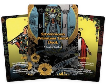 May include: A Silvermoon Priestess Tarot Deck with three cards visible. The central card displays a woman in a blue robe, with the text "Silvermoon Priestess Tarot Deck." Other cards show illustrations and text, including "THE" and "MAGICIAN."