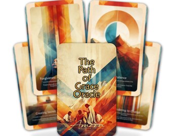 May include: A deck of oracle cards titled "The Path of Grace Oracle." The cards feature abstract art with warm colors, including orange, yellow, and blue. The central card displays the title and an illustration of figures. Other cards show words like "Forgiveness" and "Patience."