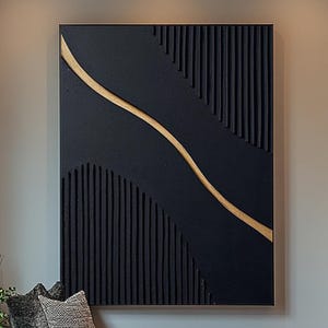 Black 3D Textured Oil Painting: Minimalist Gold Abstract Canvas Art