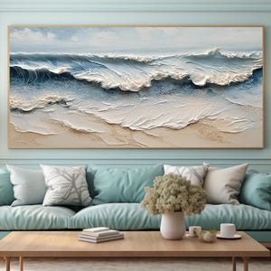 Oversized Blue Beige Ocean Wave Painting, Large Textured Coastal Abstract Art, Bold Ocean Canvas Art, Modern Minimalist Living Room Wall Art