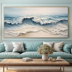 Large Coastal Abstract Wall Art, Blue Beige Textured Ocean Wave Wall Art, Handmade Ocean Painting, Modern Beach Decor, Minimalist Wall Art