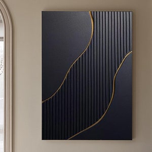 Black and Gold 3D Textured Canvas Art: Wabi Sabi Minimalist Painting