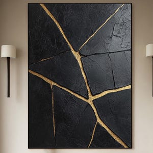 Handmade Black & Gold Abstract Oil Painting: Textured Geometric Wall Art
