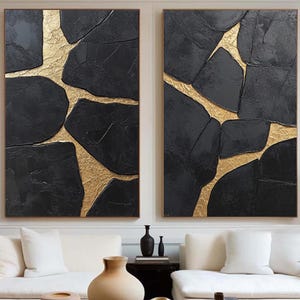 Set of 2 Handmade Black & Gold Textured Oil Paintings, Minimalist Wall Art, Modern Abstract Wall Art for Living Room, Two-Piece Canvas Art