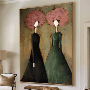 Handgemaakt olieverfschilderij met textuur: eigentijds vrouwelijk portret, minimalistische muurkunst