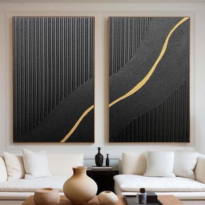 Modern Minimalist Abstract Painting Set,Two-Piece Black and Gold Textured Oil Paintings,Black Textured Canvas Art,Minimalist Wall Decor