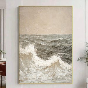 Abstract Beige Gray Ocean Wave Painting, Beige Textured Wall Art, Beige Canvas Art, Wabi Sabi Wall Art,Minimalist Home Decor,Modern Wall Art