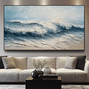 Beach Wave Oil Painting, Large Blue Beige Textured Wall Art, Coastal Wall Decor, Contemporary Seaside Canvas Art, Luxury Statement Piece