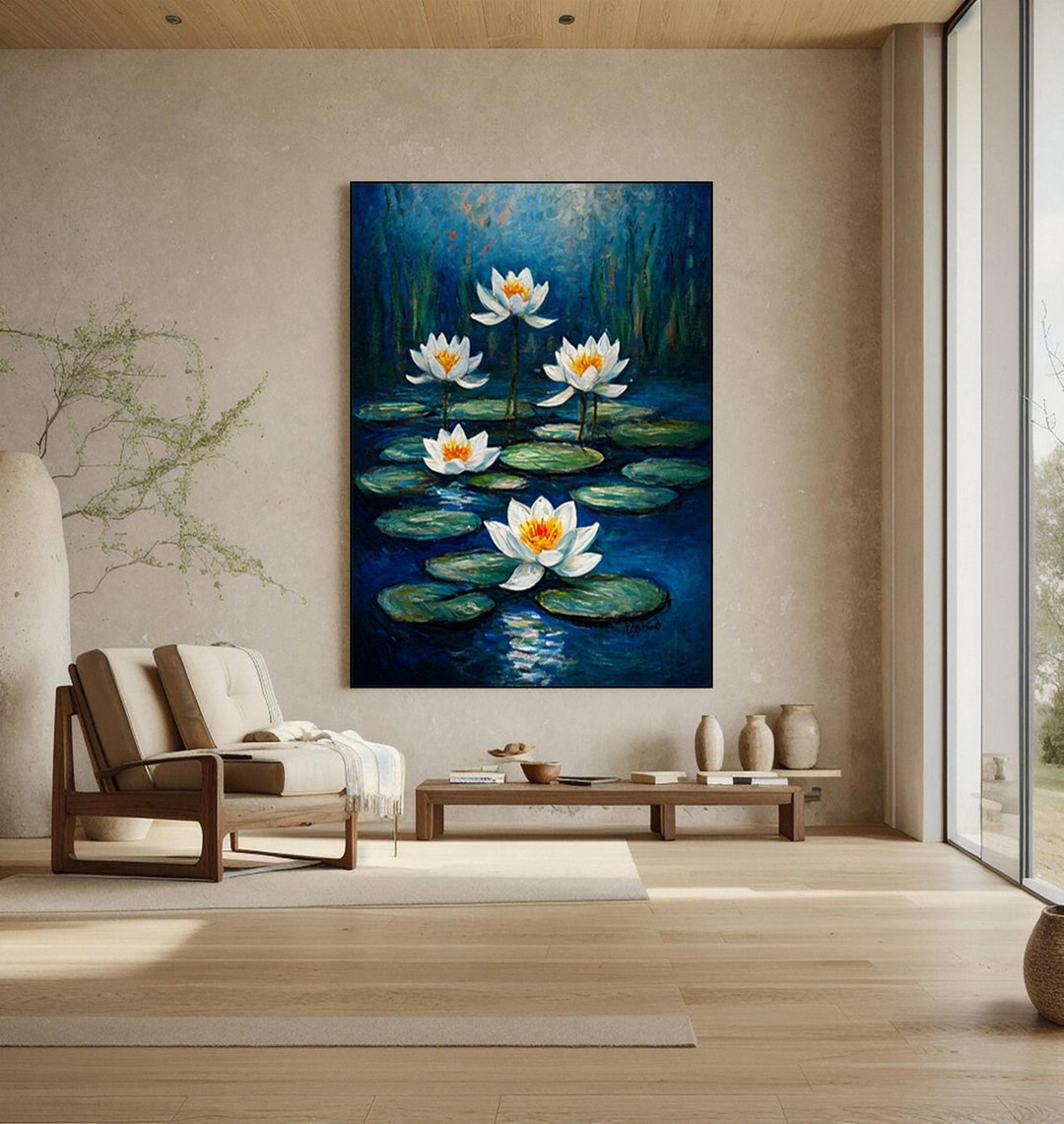 Abstract Water Lilies Wall Art, Large Tranquil Water Lily Pond Canvas ...