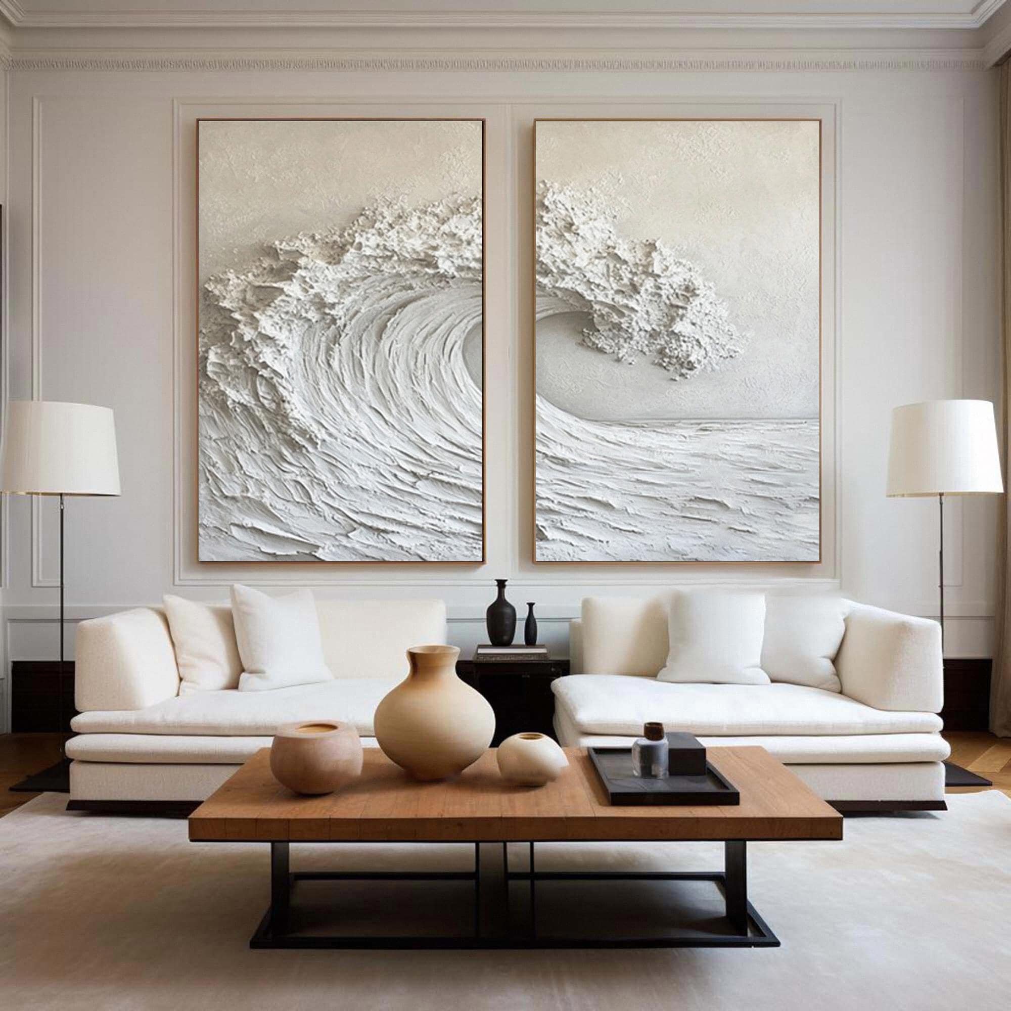 Set of 2 White 3D Ocean Wave Textured Painting, White Abstract Canvas Art, Handmade Coastal Wall Decor for Living Room, Minimalist Wall Art