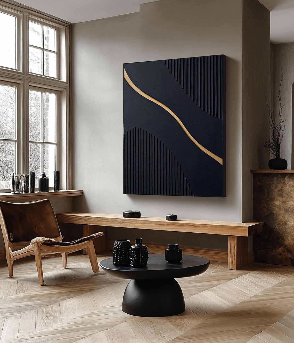 Black 3D Textured Oil Painting: Minimalist Gold Abstract Canvas Art - Etsy