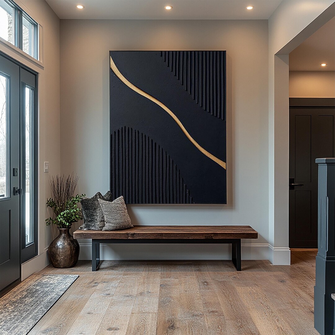 Black 3D Textured Oil Painting: Minimalist Gold Abstract Canvas Art - Etsy