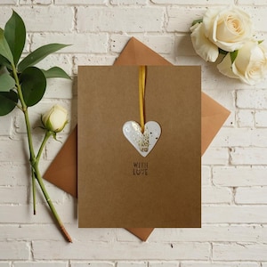 Cartão com amor e decoração de coração de argila com acabamento em folha de ouro - Casamento/Aniversário/Agradecimento/Batizado/Novo bebê/Aniversário de casamento