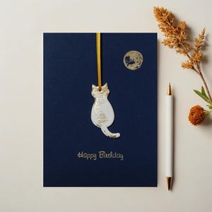 Carte de joyeux anniversaire chat et lune avec décoration souvenir chat en argile et feuille d'or ou d'argent - Luxe/fait main/ornement/cadeau/animal de compagnie