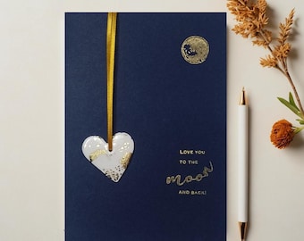 Love You To The Moon And Back Card: Handmade Gold/Silver Leaf Clay Heart Keepsake