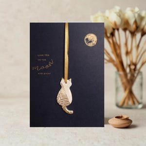 Carte de voeux "Je t'aime jusqu'à la lune" avec décoration souvenir de chat et feuilles d'or ou d'argent - Anniversaire/Saint-Valentin/Argile