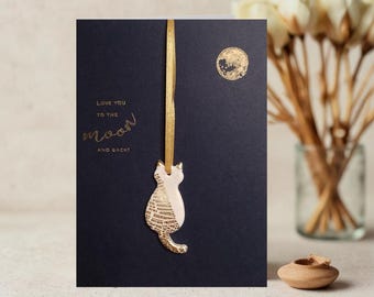 Love You To The Moon And Back Card: Handmade Cat Keepsake, Gold/Silver Leaf