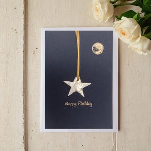 Cartão de Feliz Aniversário com Estrela e Lua, com Decoração de Estrela de Argila e Acabamento em Folha de Ouro - Cartão de Luxo/Cartão de Saudações/Feito à Mão