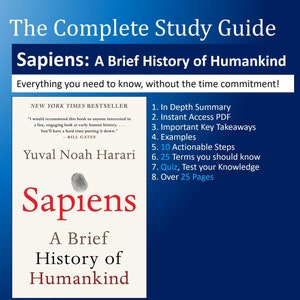 May include: A blue and white book cover with the title "Sapiens: A Brief History of Humankind" by Yuval Noah Harari. The book cover also includes the text "New York Times Bestseller" and a quote from Bill Gates.