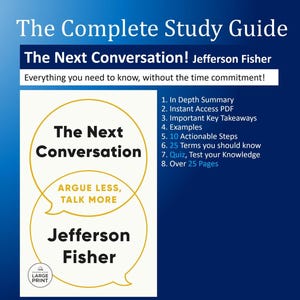 Può includere: Una guida di studio per il libro "The Next Conversation" di Jefferson Fisher. La copertina presenta un cerchio giallo con il titolo del libro e la frase "Argue Less, Talk More". La guida include un riassunto, i punti chiave, i passaggi attuabili e un quiz.