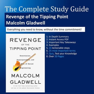 May include: A study guide for "Revenge of the Tipping Point" by Malcolm Gladwell. The cover features the book title and author's name. The guide includes summaries, key takeaways, examples, actionable steps, and a quiz. The guide is over 20 pages.