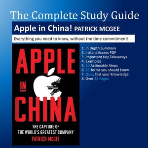 Puede incluir: Portada de libro con el título "Apple in China!" en letras rojas, con una manzana blanca con una ilustración de dragón. El nombre del autor, Patrick McGee, está debajo. El libro promete una guía de estudio completa.