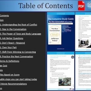 May include: A table of contents for a study guide titled "The Complete Study Guide: The Next Conversation" by Jefferson Fisher. The guide covers topics such as understanding the root of conflict, staying in the conversation, and practicing the next conversation. The guide also includes a knowledge quiz, answer key, and actionable steps to take.