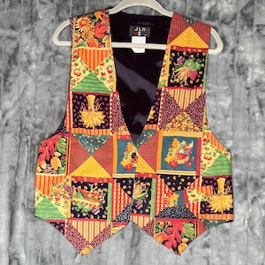 Vintage JLN USA Patchwork Fall Harvest Vest Women’s L 90s Folk Art Cotton USA