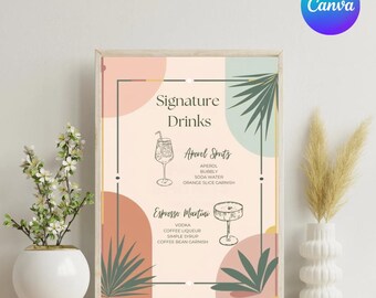 Menù bevande Tropical Palm Tree / Insegna bar / Cocktail speciali / Modello Canva modificabile