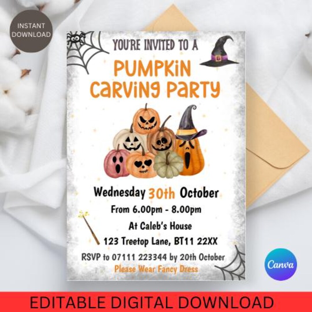 Pumpkin Carving Party Invitation Halloween Fun Editable Canva Template