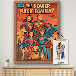 Puede incluir: Una portada de cómic enmarcada titulada "The Power Pack Family!" con una familia de superhéroes con un golden retriever. La obra de arte está en colores vibrantes con un telón de fondo de paisaje urbano.