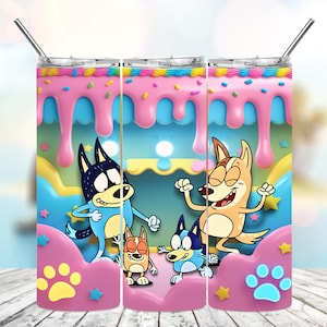 3D Blue Dog Family 12oz & 20oz Kids Flip Top Sippy Cup Tumbler Wrap, Straight Tumbler PNG, Childrens Cartoon Tumbler Wrap,Instant Download