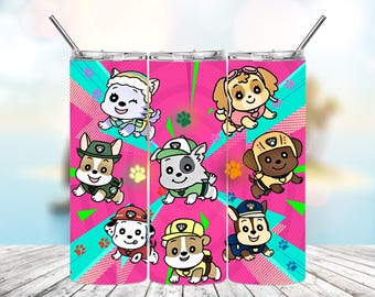 Vasos infantiles Paw ty Puppies de 355 ml y 590 ml con tapa abatible. Vasos rectos sublimados PNG. Vasos infantiles con dibujos animados.