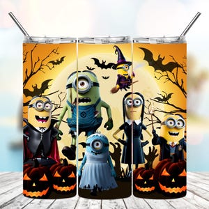 May include: Three stainless steel tumblers with a Halloween theme featuring various Minions dressed in costumes. The tumblers have a yellow background with black bats and branches. The Minions are dressed as a vampire, a witch, a zombie, a Frankenstein, and a Harry Potter character. The tumblers are decorated with pumpkins.
