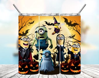 Vaso con tapa abatible para beber de Halloween Minion de 12 oz y 20 oz con envoltura para vaso Drácula, miércoles, temática de HP y más Descarga instantánea Perfecto para diversión espeluznante