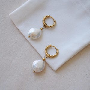 Baroque pearl hoop earrings, stainless steel earrings, freshwater pearl earrings, gift for girlfriend birthday