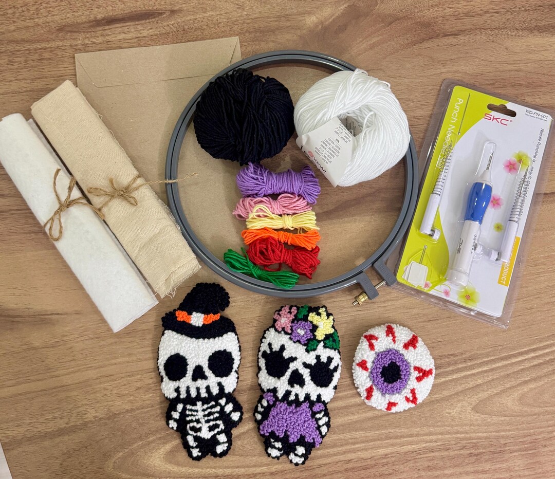 Skeleton Punch Halloween Punch Needle Kit: Spooky DIY Embroidery, Skeleton & Eyeball ...