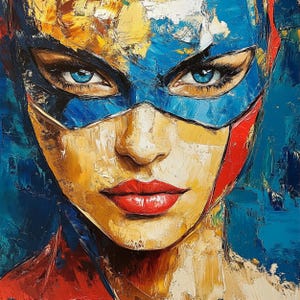Girl in a blue mask, acrylic painting, size 36*36 inches. One of a kind