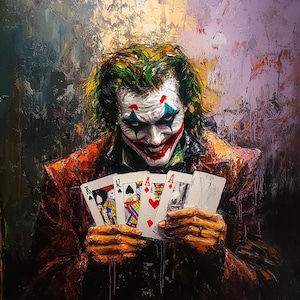 Cuadro acrílico Joker sostiene cartas de triunfo en sus manos sobre un fondo negro, único en su tipo