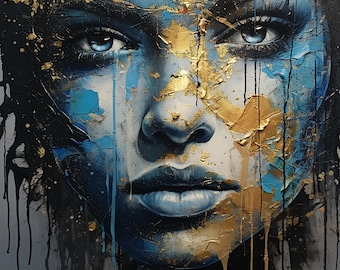 Textured Acrylic Painting: Golden Veil Abstract Female Portrait, 36x36 in