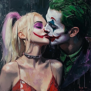 Joker küsst Harley Quinn, Acrylbild, 92*92cm, Unikat.