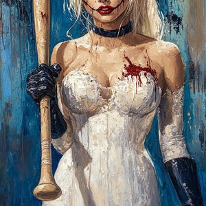 Harley Quinn con un vestido de novia y un bate de béisbol en sus manos Retrato, Pintura original, Única en su tipo