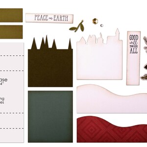May include: A Christmas card making kit with a white card base, green and brown paper, and red and white poinsettia flower cutouts. The kit also includes a sentiment strip that reads "Good will towards ALL".