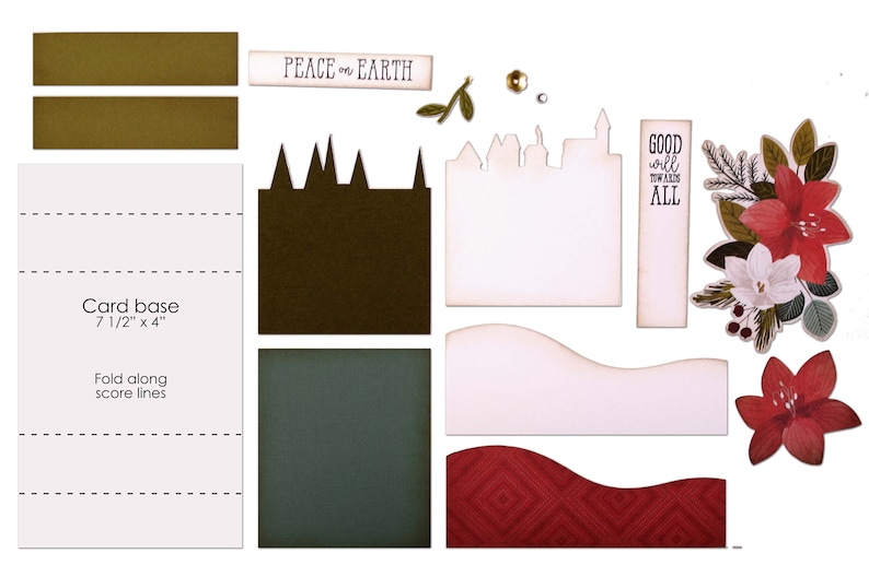May include: A Christmas card making kit with a white card base, green and brown paper, and red and white poinsettia flower cutouts. The kit also includes a sentiment strip that reads "Good will towards ALL".