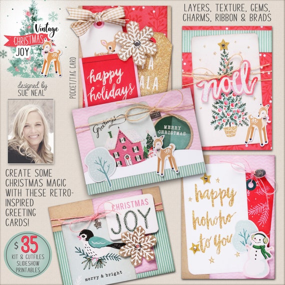 Vintage Christmas JOY Card Making Kit, DIY Christmas Card Kit, Make your own cards, Snowman card, Forest Animals, Free shipping!