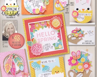 May include: A collection of colorful springtime greeting cards and card-making kit. The cards feature floral and Easter-themed designs, including bunnies, butterflies, and the text "Hello Spring". The kit includes pre-cut elements and a slideshow.