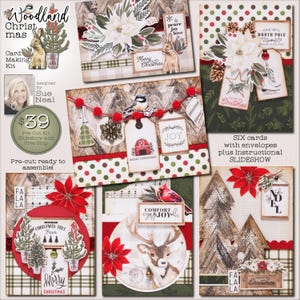 May include: Woodland Christmas card making kit with pre-cut pieces, six envelopes, and a slideshow. The kit features a variety of images, including a farmhouse, a deer, a cardinal, and a poinsettia. The kit is designed by Sue Neal and costs $39.