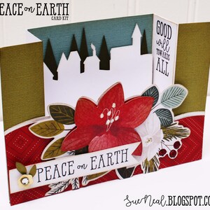 May include: A red and green Christmas card with a poinsettia flower, a white banner with the text "Peace on Earth", and a cityscape silhouette with the text "Good will towards all".