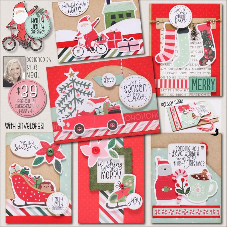 May include: A set of nine Christmas cards featuring various holiday themes, including a red car with a Christmas tree, a snowman, a stocking, and a sleigh. The cards are decorated with red, green, and white paper and have a variety of festive designs. The cards are pre-cut and come with envelopes.